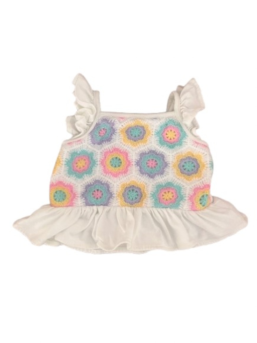 Girls White Crochet Floral Smocked Tank with Ruffle Hem